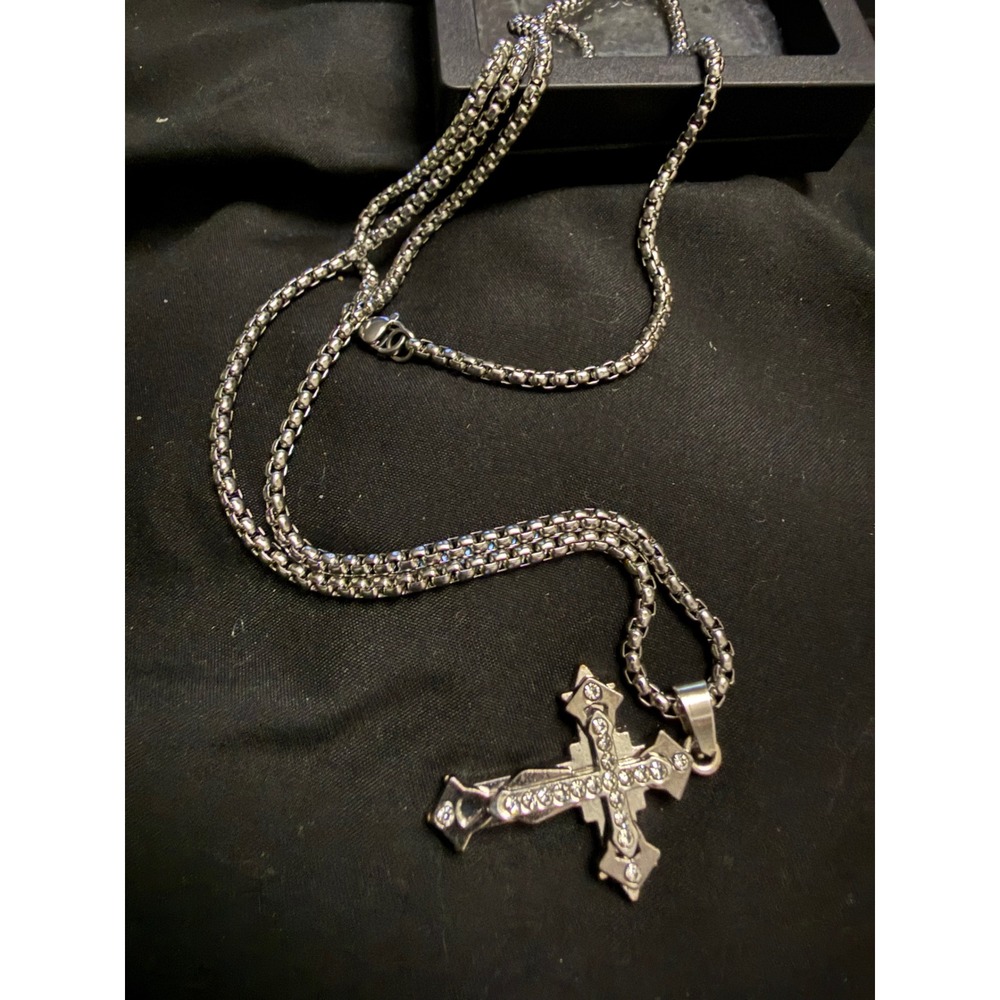 Silver Tone Gothic Rhinestone Cross Pendant Necklace Stainless Steel Box Chain